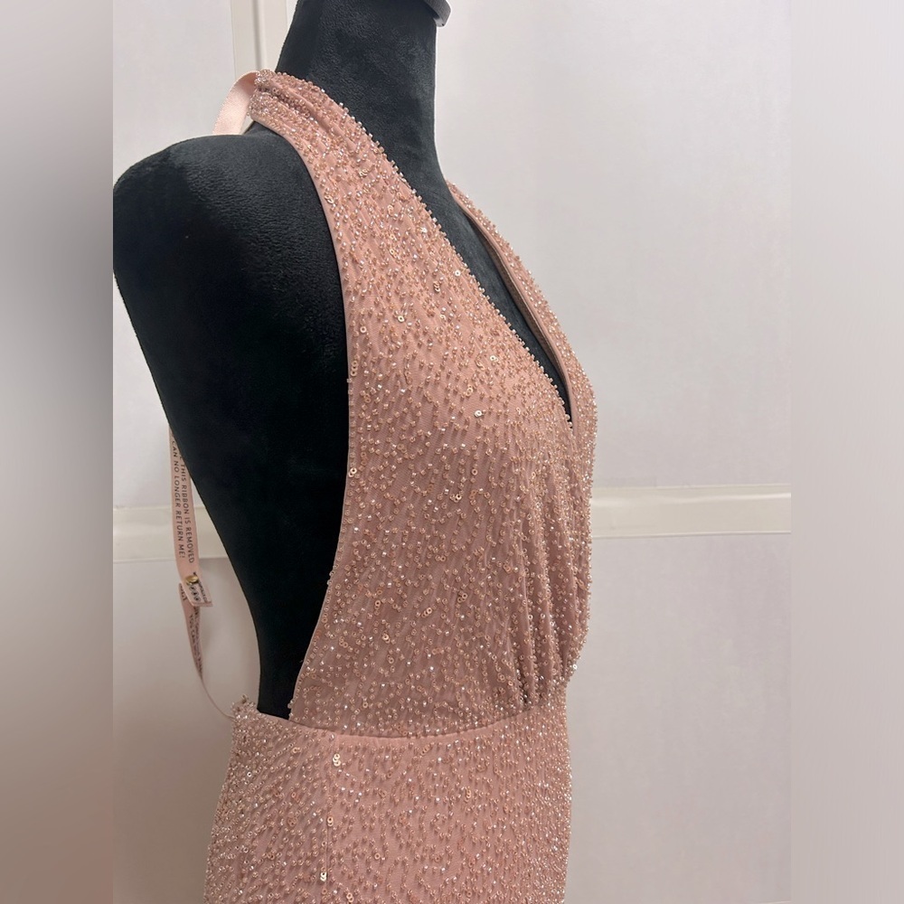 Oh Polly Embellished Plunge Neck Backless Halter Jumpsuit Beige Beaded Sequins 2 - Picture 8 of 15